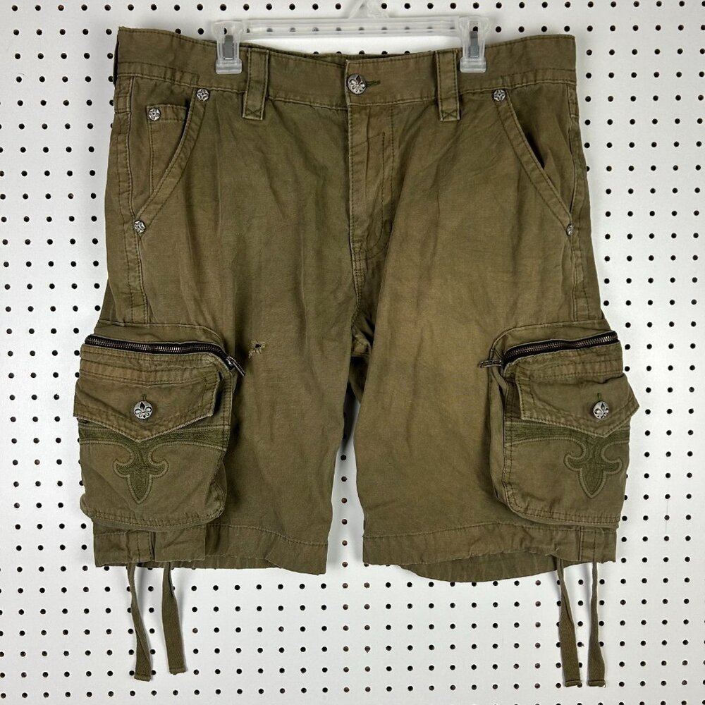 Rock Revival Army Green Cargo Shorts 38 Streetwear Baggy Distressed READ Y2K